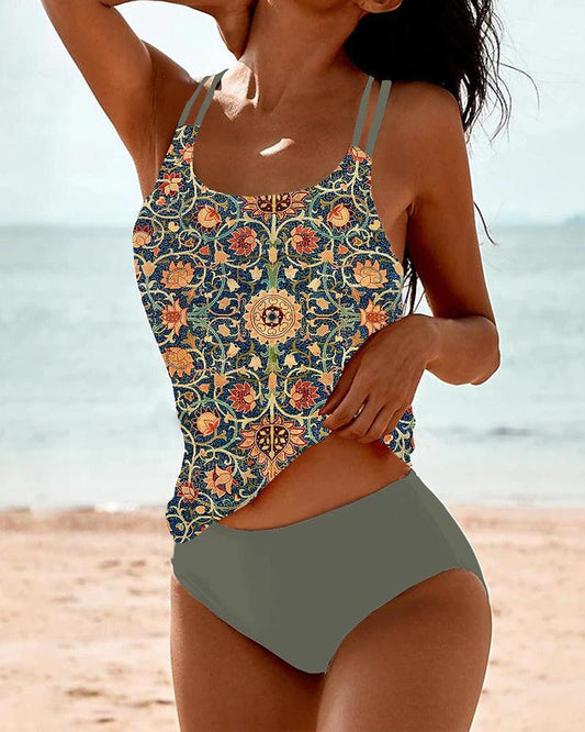 Maillot de bain tankini femme – Imprimé élégant – Bretelles fines – Coupe fluide