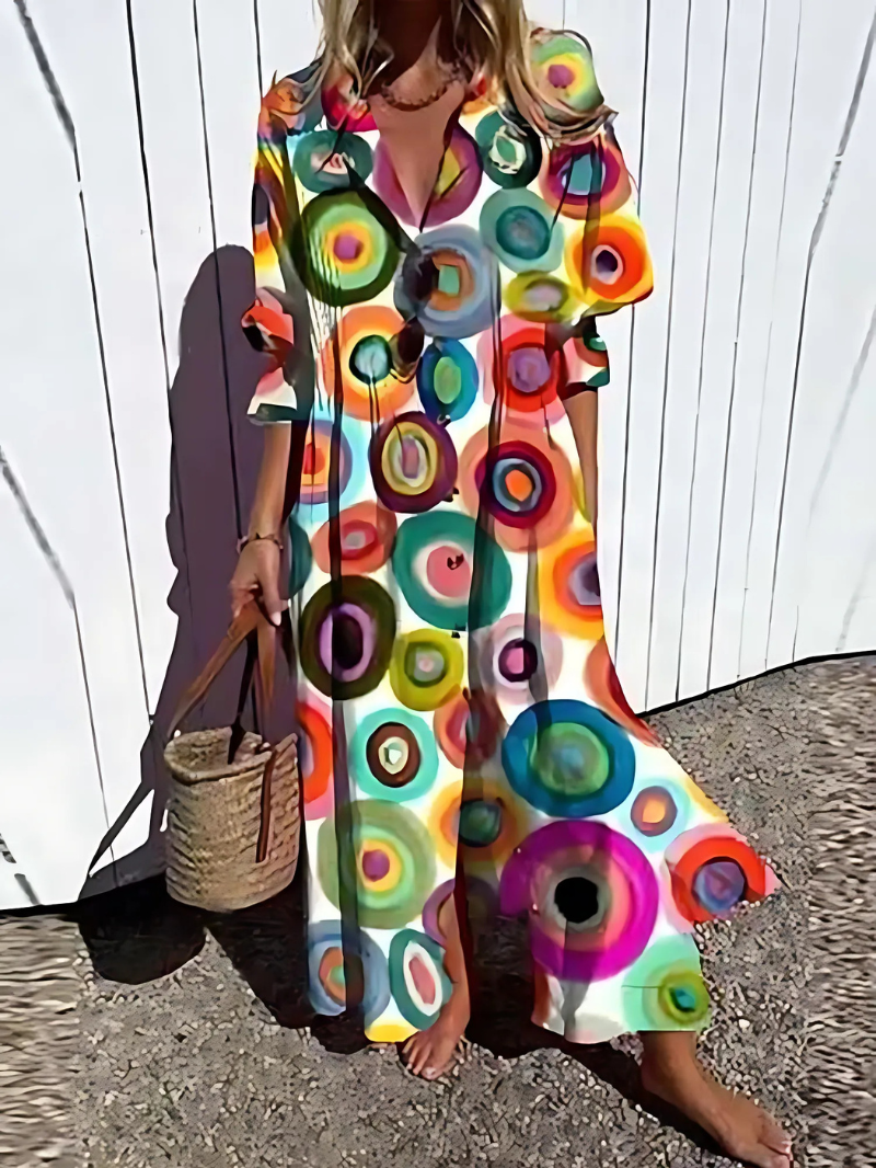 Women's long dress – Relaxed fit – Breathable fabric – Retro print