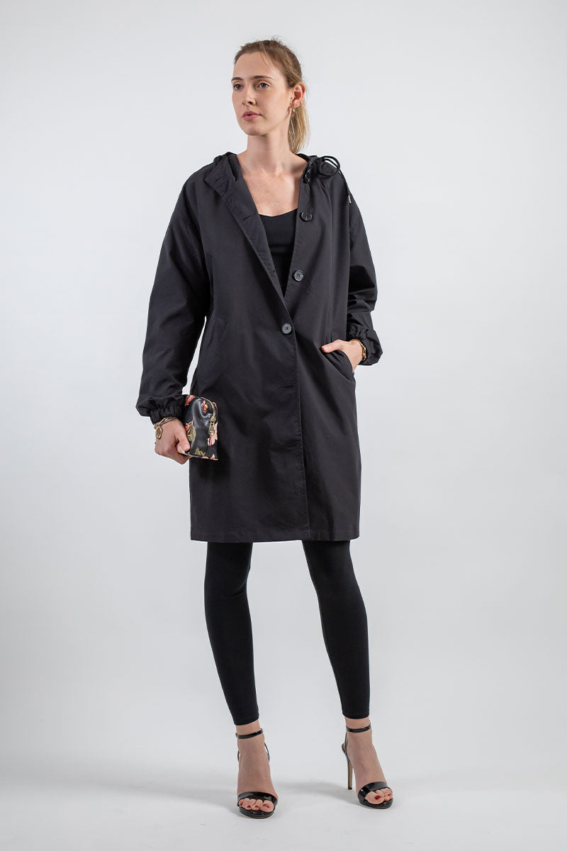 Angela A-Line Hooded Coat | Button Front Pockets Hooded Coat
