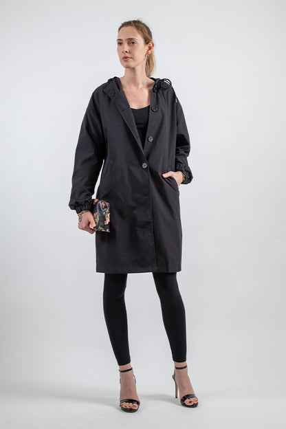 Angela A-Line Hooded Coat | Button Front Pockets Hooded Coat