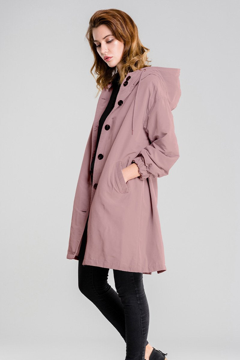 Angela A-Line Hooded Coat | Button Front Pockets Hooded Coat