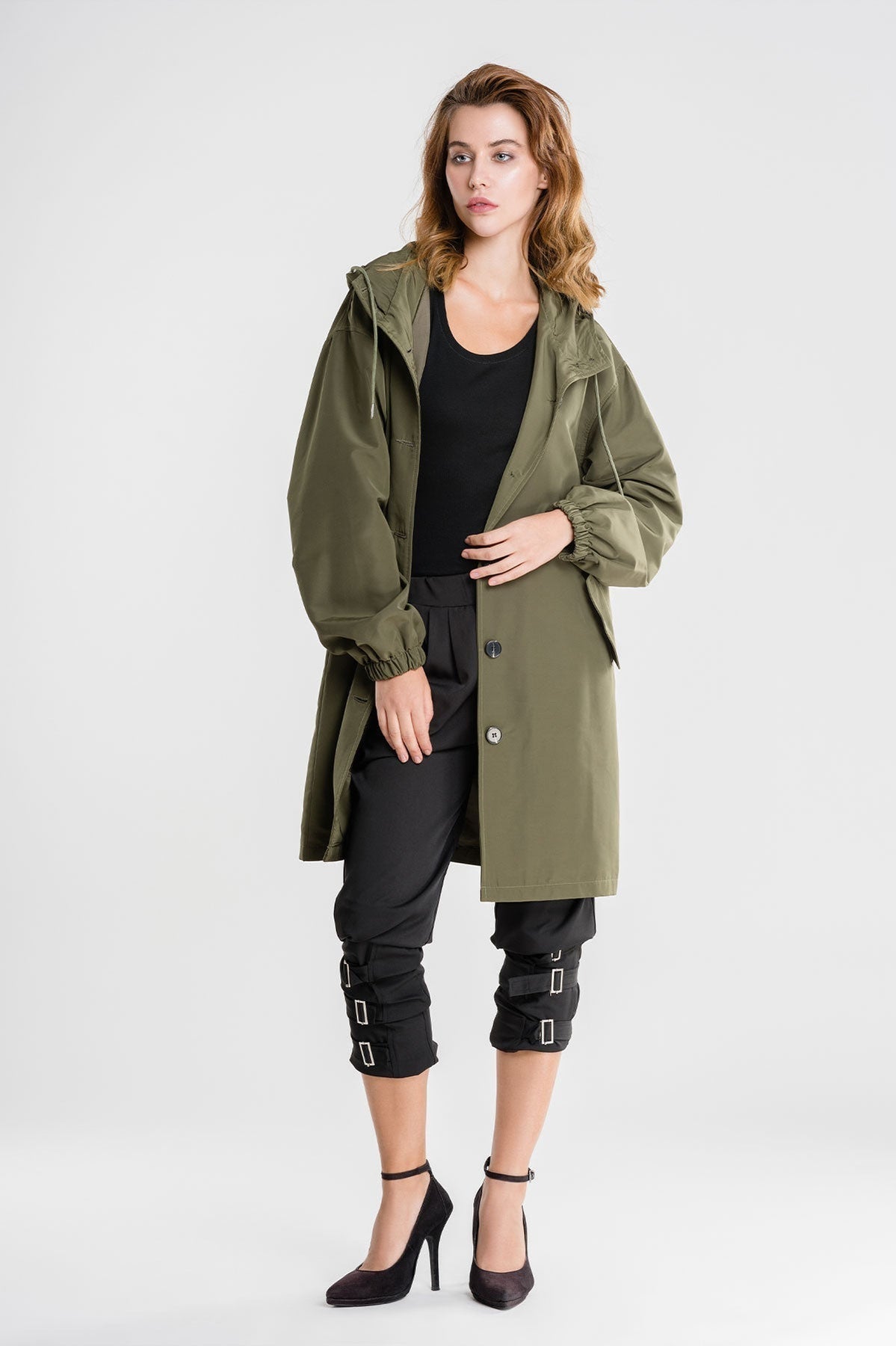 Angela A-Line Hooded Coat | Button Front Pockets Hooded Coat