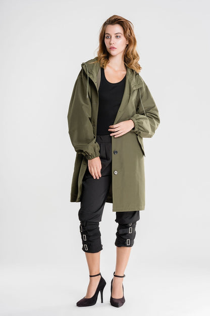 Angela A-Line Hooded Coat | Button Front Pockets Hooded Coat