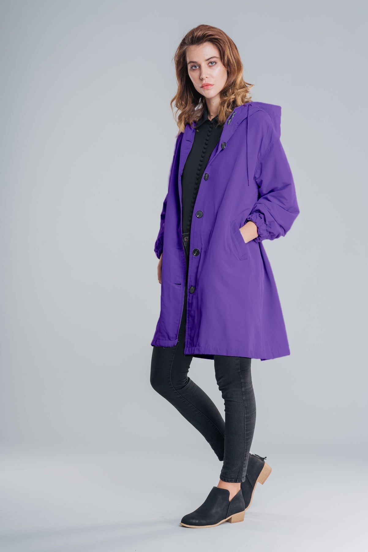 Angela A-Line Hooded Coat | Button Front Pockets Hooded Coat