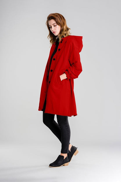 Angela A-Line Hooded Coat | Button Front Pockets Hooded Coat