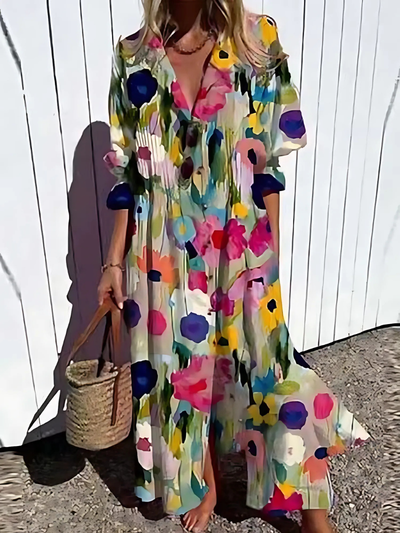 Women's long dress – Relaxed fit – Breathable fabric – Retro print