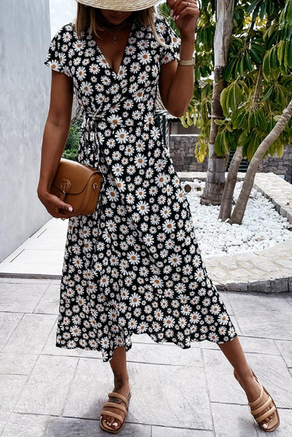 Women's midi dress – Flared cut – Short sleeves – Breathable fabric – Floral style
