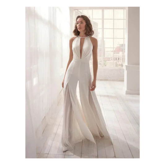 Women's jumpsuit – Luxury fluid fabric – Backless – Plunging neckline – Wide leg