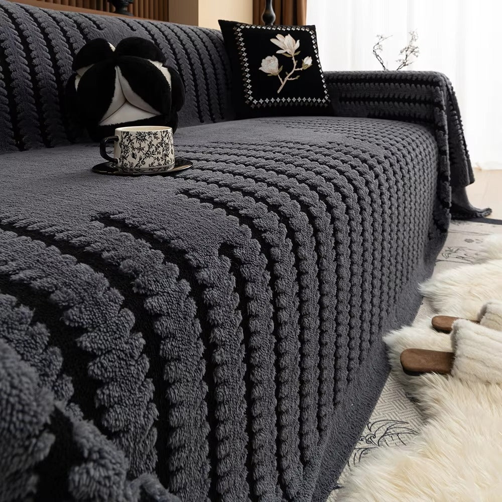 Tufted Chenille Tassel-Trim Sofa Cover