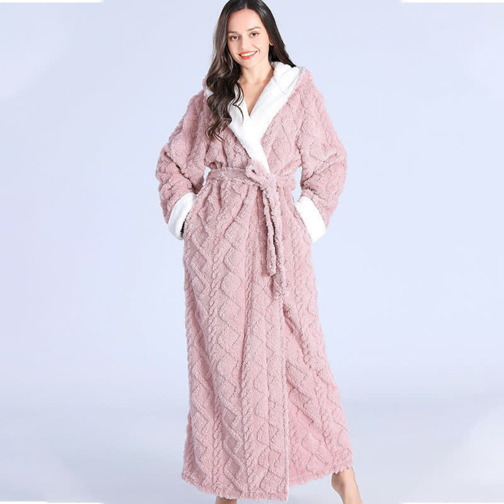 Plush Cable-Knit Hooded Sherpa-Trim Bathrobe