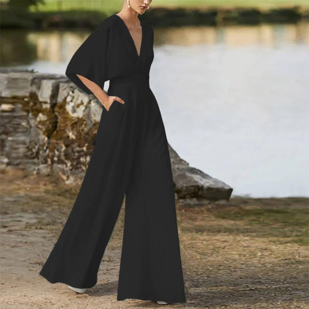 Jumpsuit woman – V-neck – Loose fit – Mid-length sleeves – Wide legs