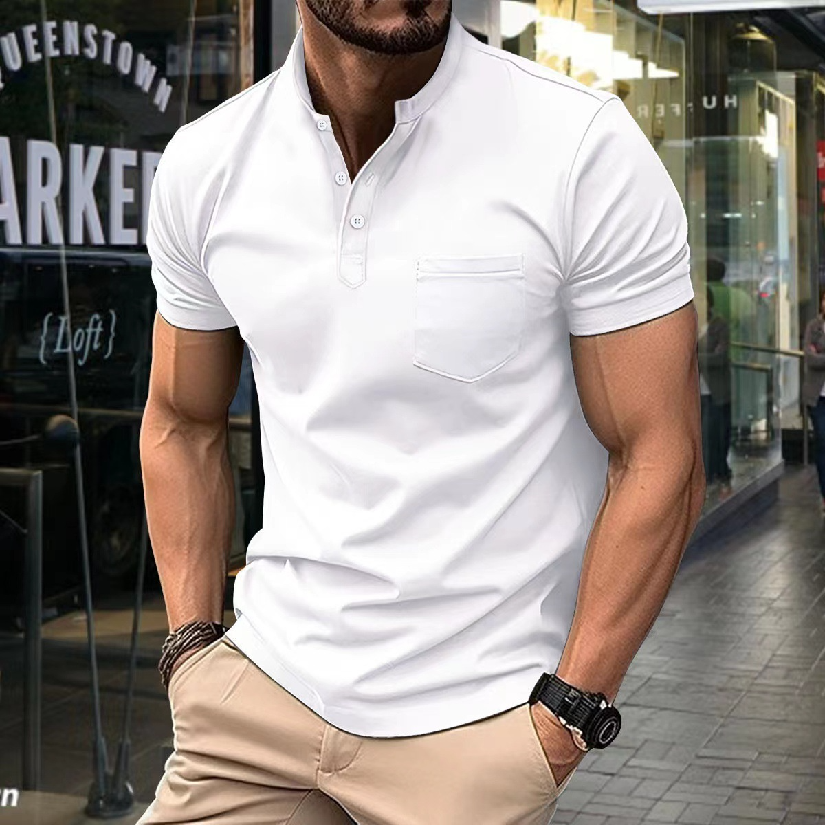 Men's polo – Slim fit – Soft knit – Semi-open collar – Short sleeves – Chest pocket
