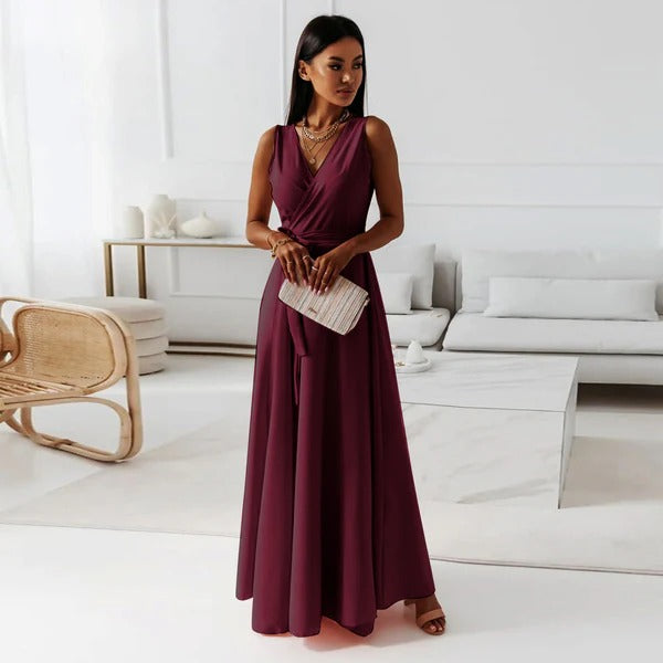 Robe longue femme – Coupe fluide – Sans manches – Décolleté en V – Taille ceinturée