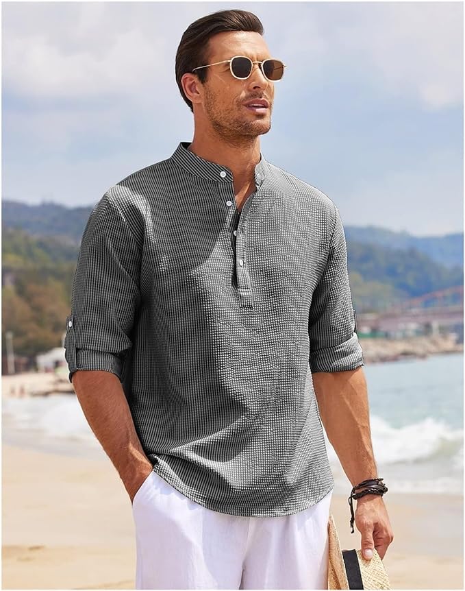 Men's casual shirt – Loose fit – Mandarin collar – Soft breathable fabric
