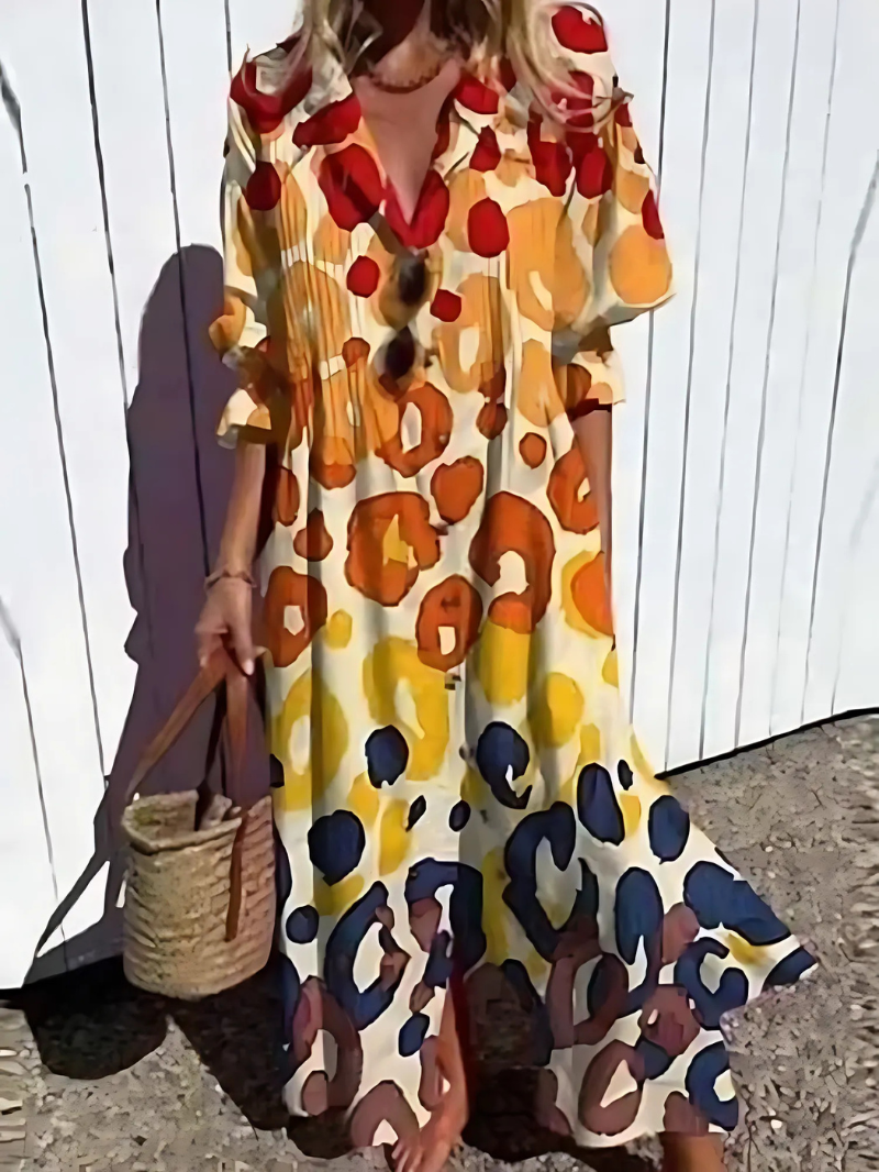 Women's long dress – Relaxed fit – Breathable fabric – Retro print