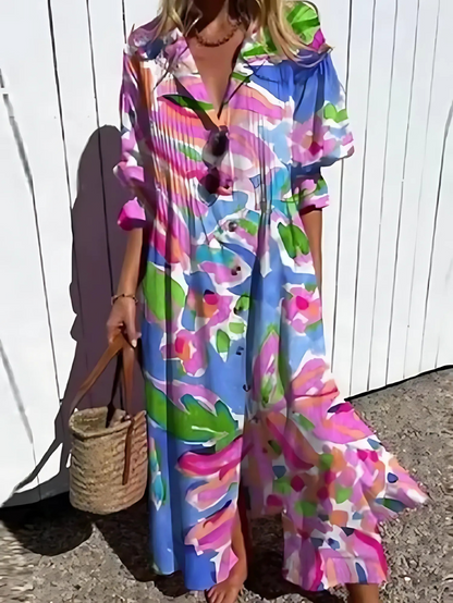 Women's long dress – Relaxed fit – Breathable fabric – Retro print