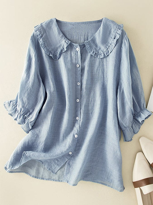Chemise femme ample – Fibres naturelles – Col Claudine à volants – Manches 3/4