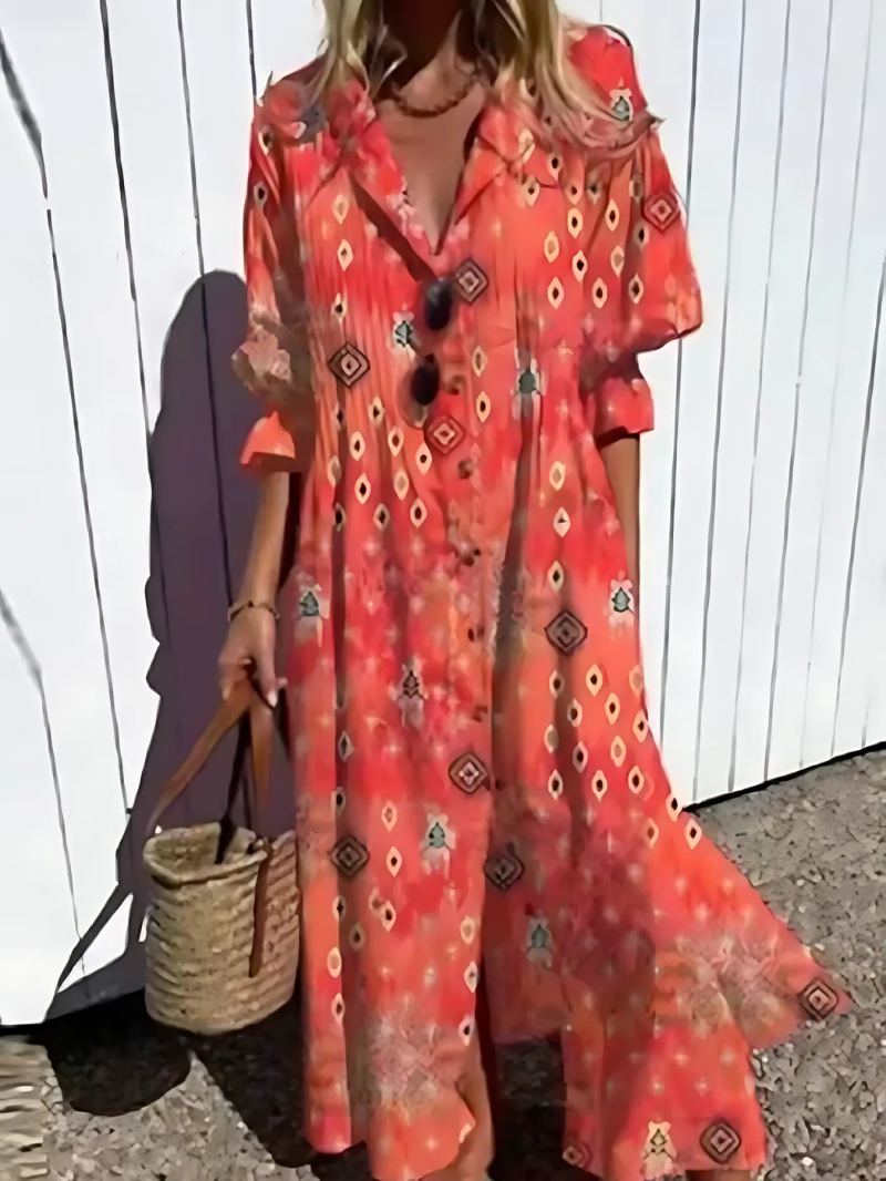 Women's long dress – Relaxed fit – Breathable fabric – Retro print