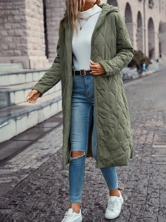 Manteau Femme Matelassé – Coupe Ample – Long – Capuche – Fibres Naturelles
