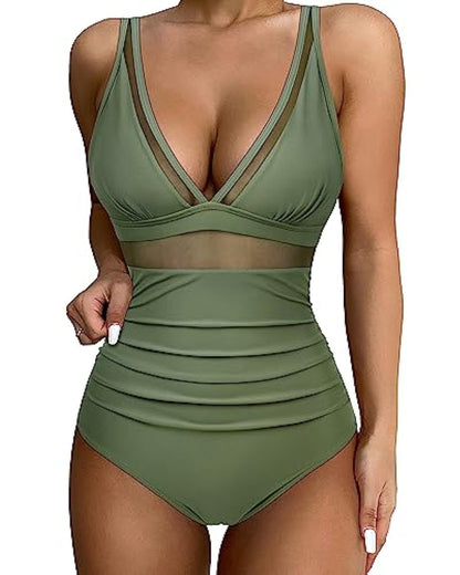 Women's swimsuit – Plunging neckline – Mesh details – High-cut fit