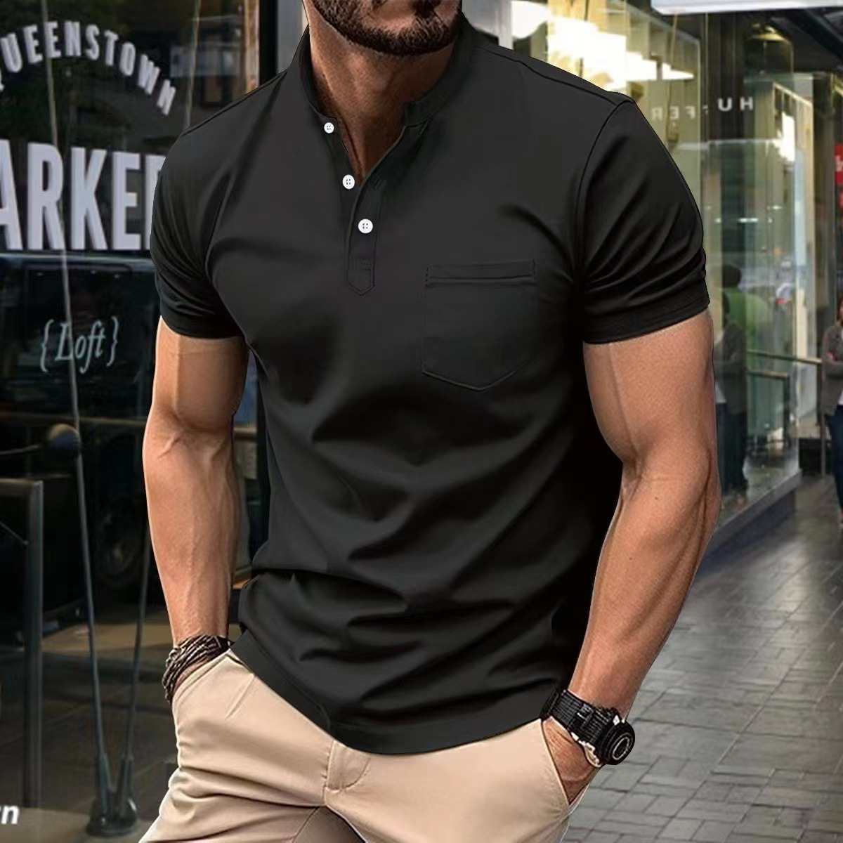 Men's polo – Slim fit – Soft knit – Semi-open collar – Short sleeves – Chest pocket