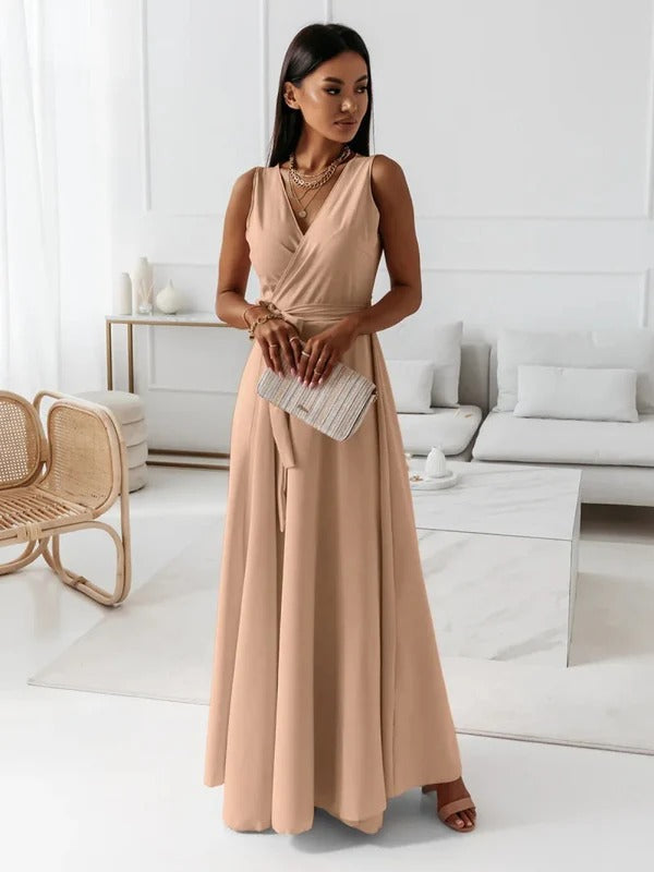 Robe longue femme – Coupe fluide – Sans manches – Décolleté en V – Taille ceinturée