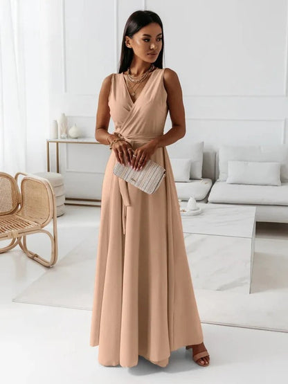 Robe longue femme – Coupe fluide – Sans manches – Décolleté en V – Taille ceinturée