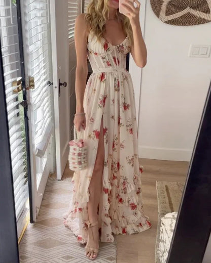 Robe midi femme – silhouette fluide – dentelle florale – fente élégante