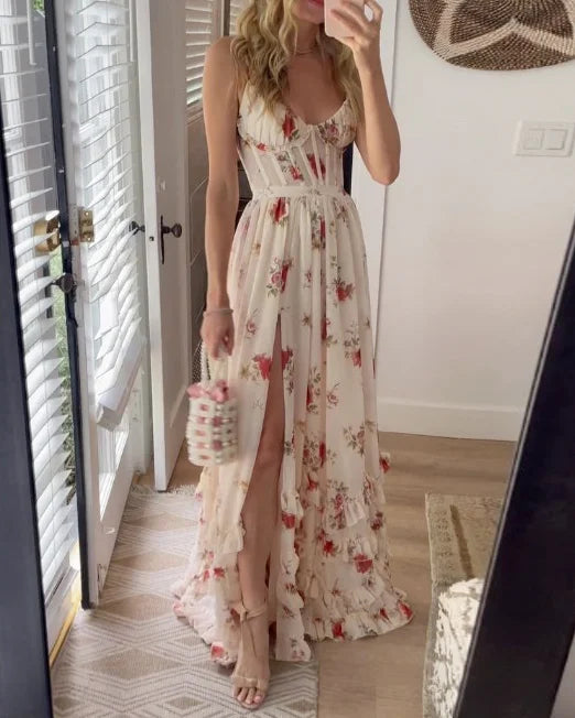 Robe midi femme – silhouette fluide – dentelle florale – fente élégante