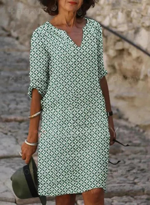 Women's Dress – Loose Fit – V-Neck – 3/4 Sleeves – Geometric Pattern