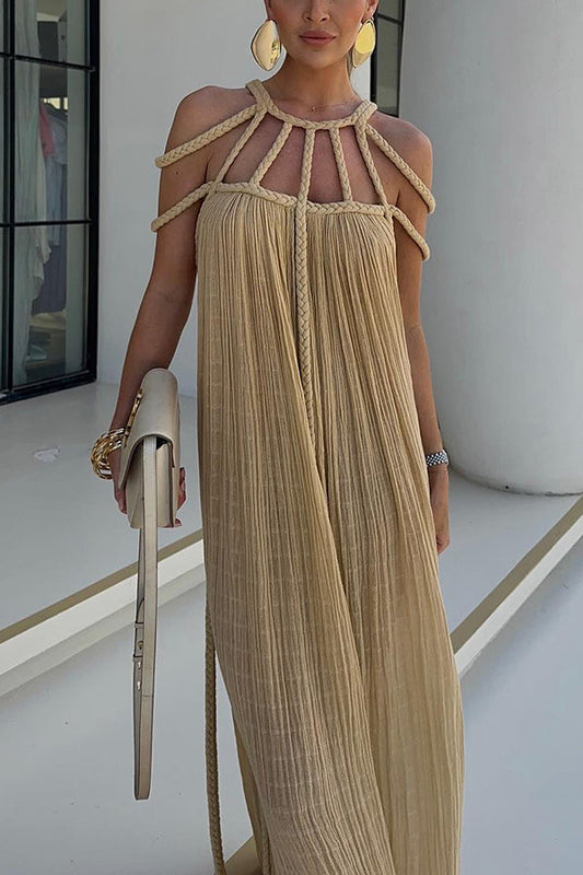 Women's long dress – Fluid cut – Braided halter neck – Natural fibers