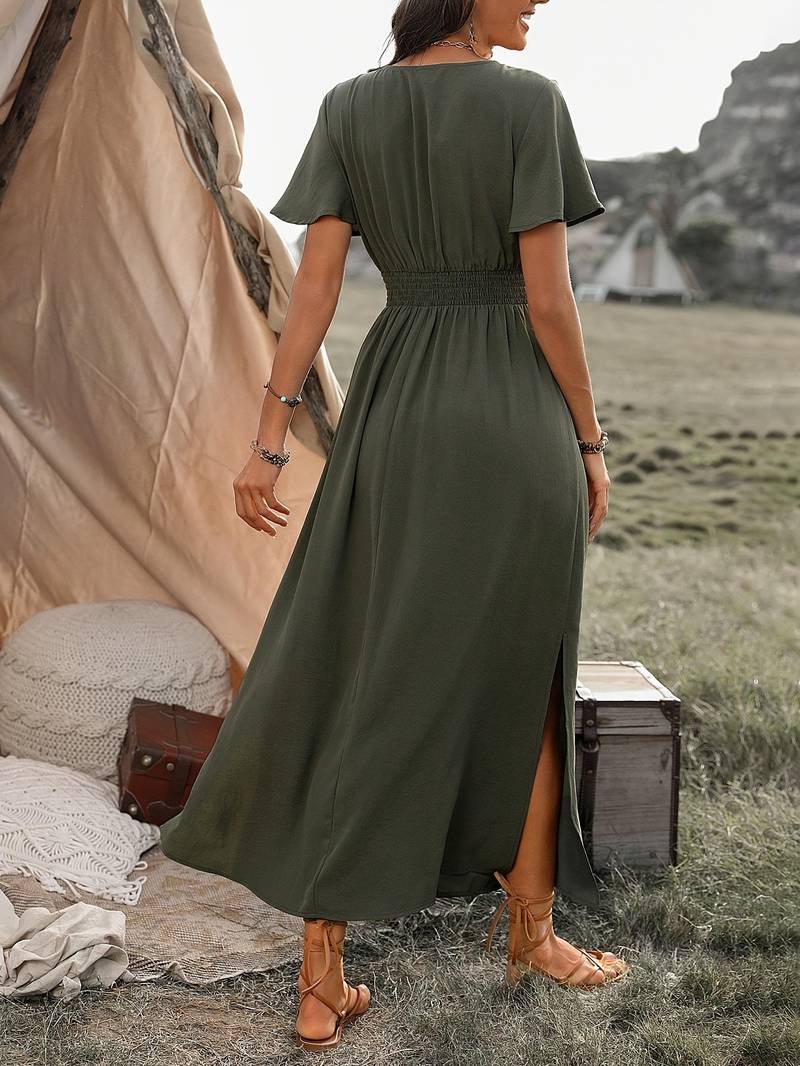 Women's midi dress – Flared fluid cut – Short sleeves – Wrap neckline