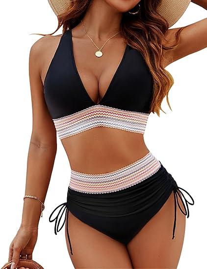 Bikini set for women – High-waisted slimming – Adjustable triangle top – Ruched details