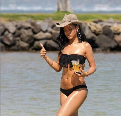 Bikini set for women – Bandeau top with fringes – Low-rise high-cut bottoms – Cut-out details