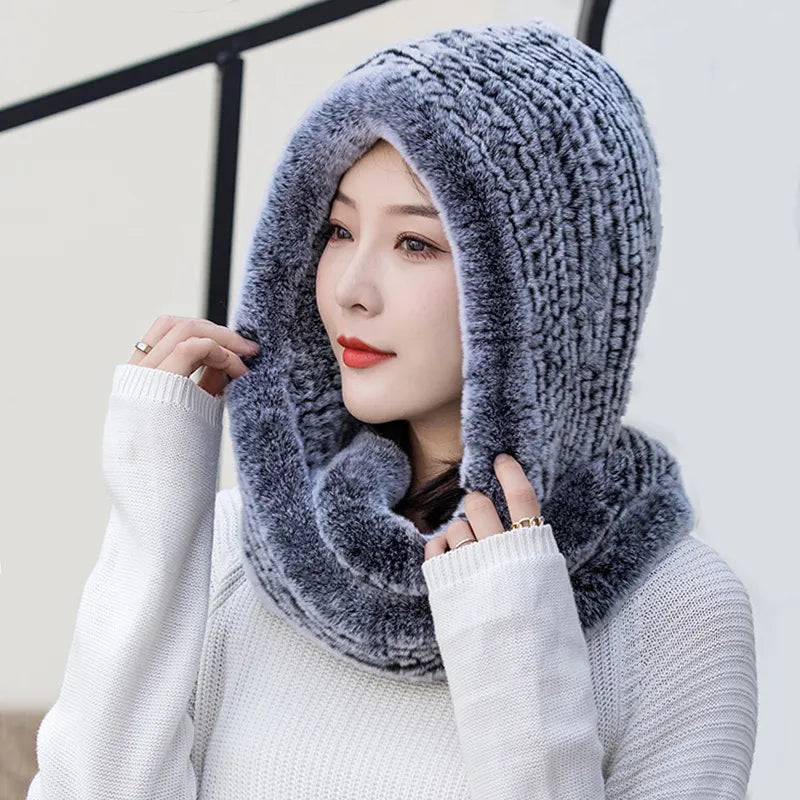 Giulia Knitted Hooded Scarf | Fuzzy Texture Solid Hooded Scarf