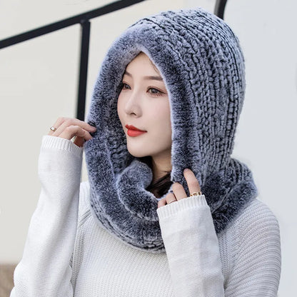 Giulia Knitted Hooded Scarf | Fuzzy Texture Solid Hooded Scarf