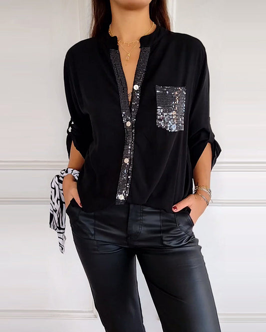 Blouse femme – Coupe ample – Manches longues retroussées – Détails sequins – Tissu respirant