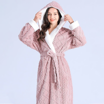 Plush Cable-Knit Hooded Sherpa-Trim Bathrobe