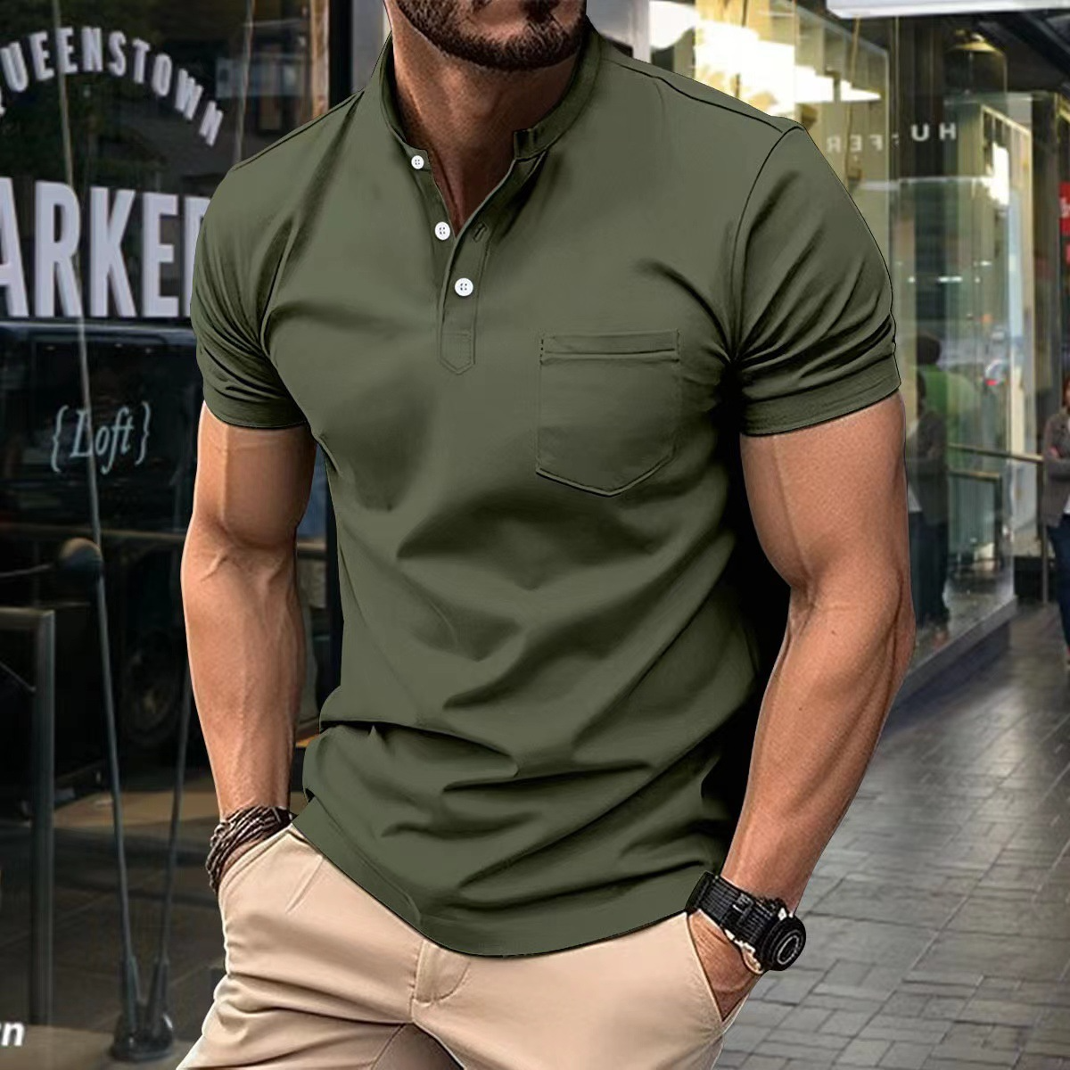Men's polo – Slim fit – Soft knit – Semi-open collar – Short sleeves – Chest pocket