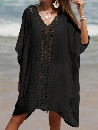 Women's kimono – Fluid cut – Natural fibers – Short sleeves – V-neck lace