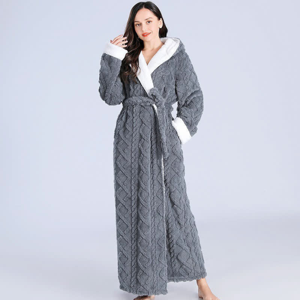 Plush Cable-Knit Hooded Sherpa-Trim Bathrobe