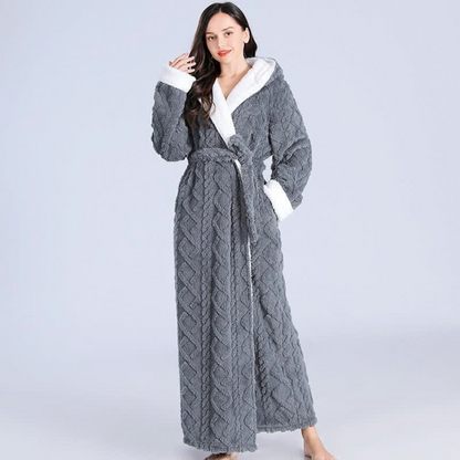Plush Cable-Knit Hooded Sherpa-Trim Bathrobe