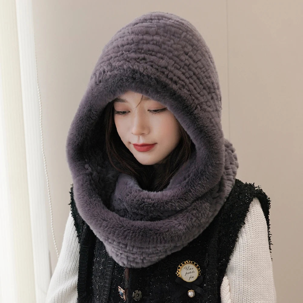 Giulia Knitted Hooded Scarf | Fuzzy Texture Solid Hooded Scarf