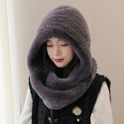 Giulia Knitted Hooded Scarf | Fuzzy Texture Solid Hooded Scarf
