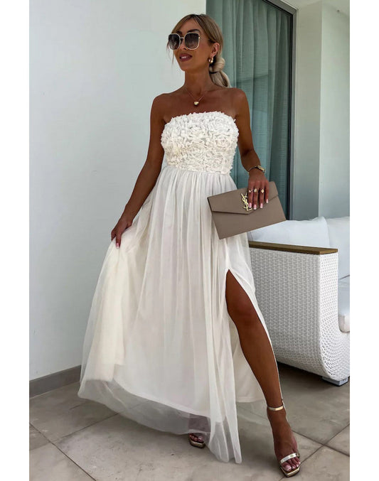 Long women's dress – Textured bustier – High slit – Breathable flowing fabric