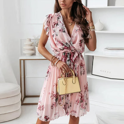 Women's midi dress – V-neck – Short ruffled sleeves – Breathable flowing fabric