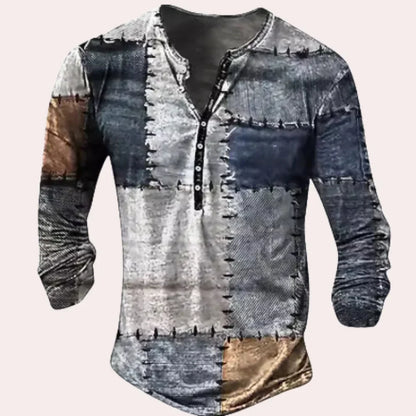 Men's shirt – Relaxed fit – Long sleeves – Henley collar – Soft knit – Patchwork pattern