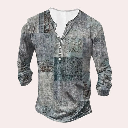 Men's shirt – Relaxed fit – Long sleeves – Henley collar – Soft knit – Patchwork pattern