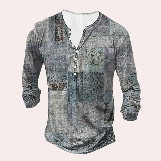 Men's shirt – Relaxed fit – Long sleeves – Henley collar – Soft knit – Patchwork pattern