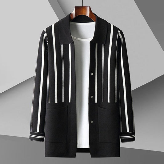 Cardigan homme – Maille laine – Coupe décontractée – Boutonné à rayures avec poches